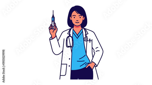 Confident Doctor with Syringe: A poised medical professional, adorned in a pristine coat, holds a syringe. This illustration captures the essence of healthcare and medical advancement.