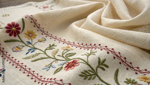 Hand Embroidered Floral Textile Fabric Close Up