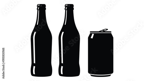 Two bottles and a can of beverage standing next to each other. Vector