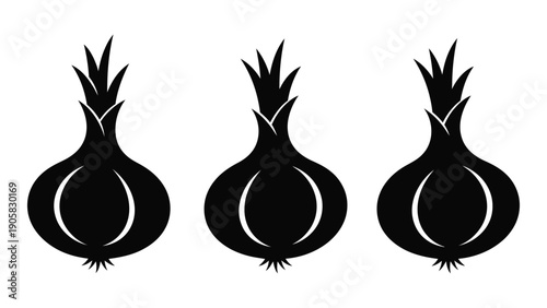 Three black and white illustrations of onions with green stems. Vector
