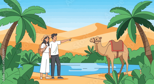 Tourists looking at a camel in a desert oasis with palm trees