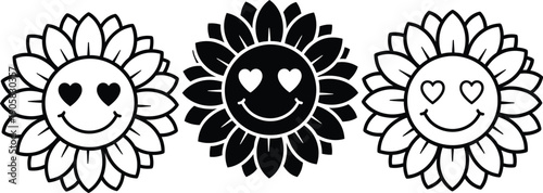 Three stylized sunflowers with smiling faces and heart shaped eyes are displayed in a row showcasing varying color palettes high-quality