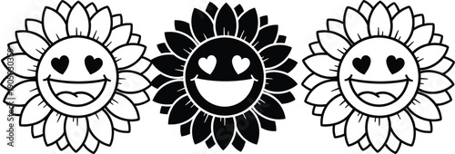 Three stylized sunflowers with smiling faces and heart shaped eyes are displayed in a row showcasing varying color palettes high-quality
