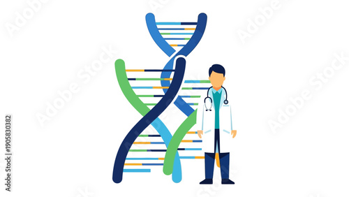 DNA and Doctor: A doctor stands beside a vibrant illustration of a DNA double helix, symbolizing advancements in medical science and genetics.
