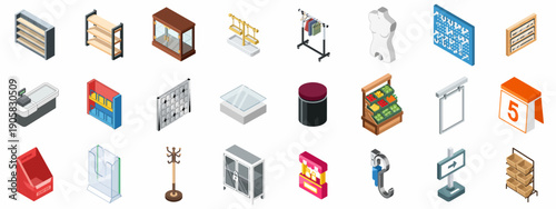 Isometric Retail Store Equipment and Fixtures Icon Set: Shelves, Display Cases, Racks, Checkout Counter, and Merchandising Elements.