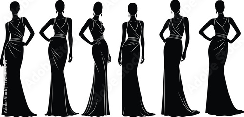 Elegant female silhouettes wearing modern evening dresses isolated on white background minimalist fashion illustration collection