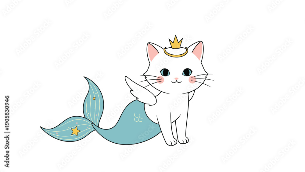 Fototapeta premium Whimsical fantasy character of a cute white cat designed as a mermaid with pink wings and a golden crown on its head.