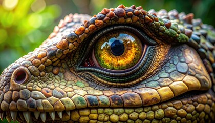 Detailed macro shot of a reptile eye with golden iris and textured scales.