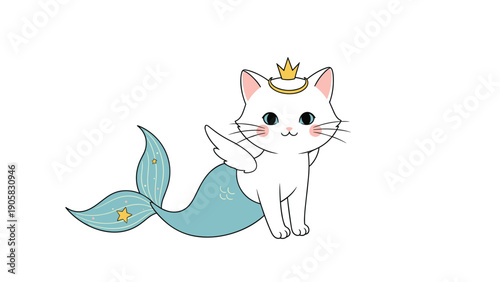 Whimsical fantasy character of a cute white cat designed as a mermaid with pink wings and a golden crown on its head.