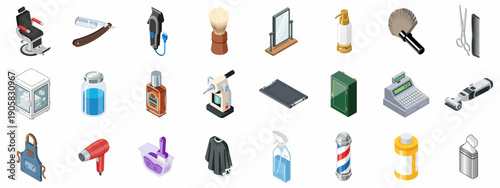 Isometric Barbershop and Hair Salon Equipment Collection: Tools, Accessories, and Styling Supplies for Professional Grooming Services.