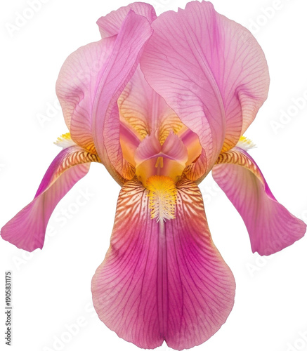 A vibrant pink iris flower with yellow accents on transparent background