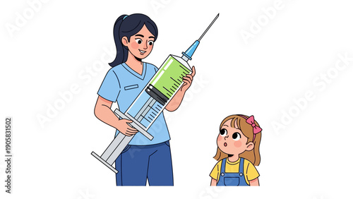 Vaccination: A healthcare professional presents a large syringe to a child, emphasizing the importance of vaccination for a healthier future.