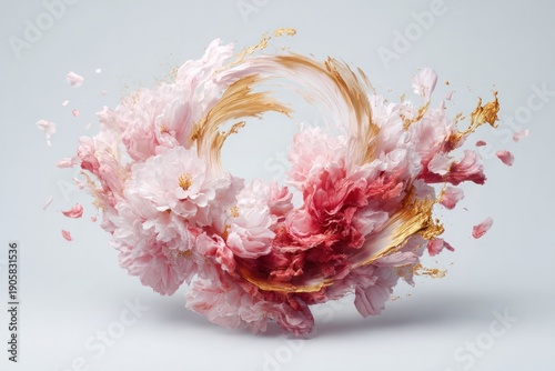 Floral Whirlwind of Beauty: Delicate petals and golden accents swirl in a mesmerizing dance, forming an ethereal floral composition. Capture a moment of elegance, grace, and artistic flourish.
