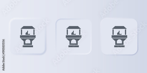Grey Brick stove icon isolated on grey background. Brick fireplace, masonry stove, stone oven icon.Set icons in square buttons. Vector