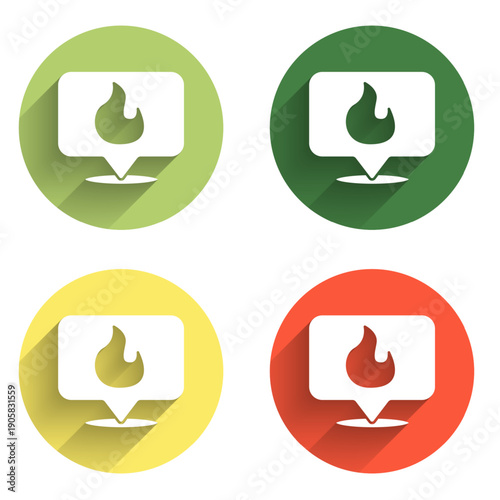 Set Map pointer with fire flame icon isolated with long shadow background. Fire nearby. Color circle button. Vector