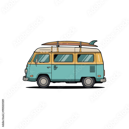 Vintage camper van colorful flat vector illustration for vacation, adventure and travel activities