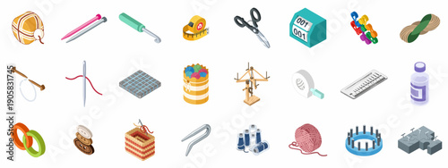 Isometric Set of Knitting, Crocheting, and Sewing Icons: Yarn, Needles, Hooks, Buttons, and Craft Tools for Handmade Projects and Fiber Arts.