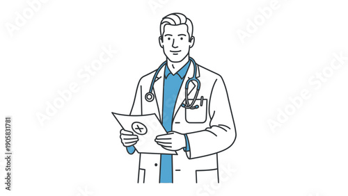Confident Professional: A male doctor, exuding assurance, stands poised, reviewing a patient's medical records with focused attention. His demeanor inspires trust and competence.