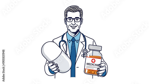 Health Guidance: A knowledgeable doctor, adorned in a pristine lab coat, confidently extends a large capsule and a medicine bottle, symbolizing care and guidance.