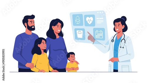 Healthcare Consultation with Family: A family consults with a healthcare professional, examining a digital interface displaying various health metrics.