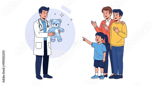 Pediatric Visit: A pediatrician presents a teddy bear to a child, while the child points excitedly towards it, and their family watches on. Illustrating care, comfort and happiness.