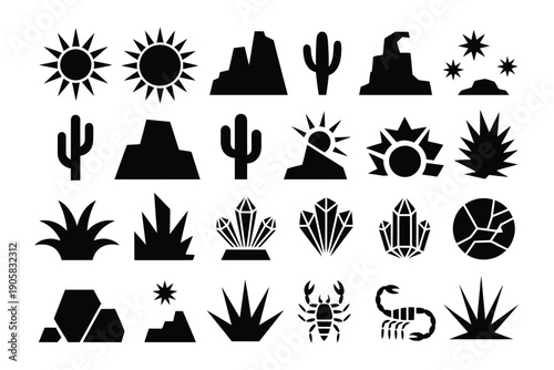 Desert landscape icons featuring cacti, sun, mountains, and wildlife