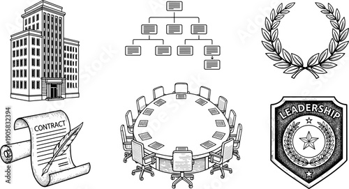 Hand-drawn business and leadership icons, office building, contract scroll, organizational chart, boardroom meeting table, laurel wreath, shield emblem leadership concept