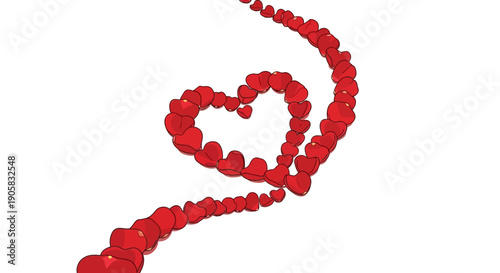 A beautiful winding path of numerous small red hearts, symbolizing an intricate journey of love and romance, forming a central heart shape against a pristine white background