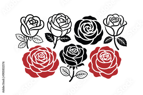Rose icon illustration set with black and red silhouettes and outlines