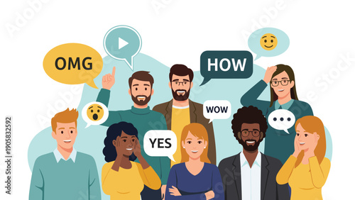 Diverse group of expressive young people reacting with colorful speech bubbles and emotional text like wow and omg.