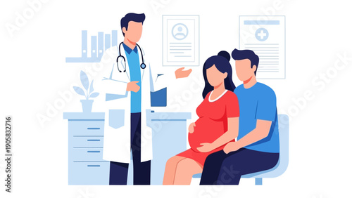 Prenatal consultation: An illustration depicting a doctor consulting with a pregnant woman and her partner, symbolizing care, medical expertise, and the journey of pregnancy.