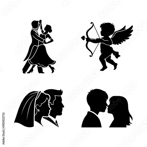 Valentine's day romantic silhouette icon set cupid, dancing couple, and wedding portraits