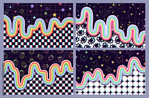 Spring easter patterns set with daisy, eggs, carrots. Childish cute wax crayon hand drawn decoration for kindergarten and preschool children, vector illustration