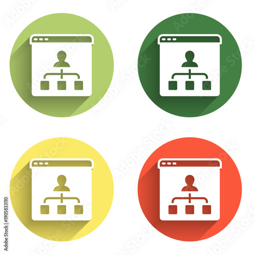 Set Online education and graduation icon isolated with long shadow background. Online teacher on monitor. Webinar and video seminar learning. Color circle button. Vector