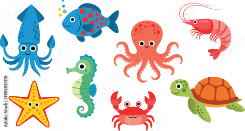Cute sea animals set with octopus squid fish turtle crab starfish cartoon underwater vector illustration