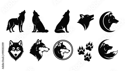 A collection of black and white wolf and moon-themed icons and symbols Vector