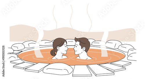Young couple relaxing in a natural hot spring outdoors