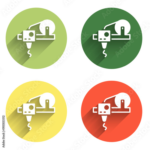 Set 3D printer icon isolated with long shadow background. 3d printing. Color circle button. Vector