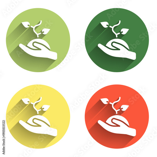 Set Volunteer team planting trees icon isolated with long shadow background. Represents ecological protection, protecting plants and trees. Color circle button. Vector