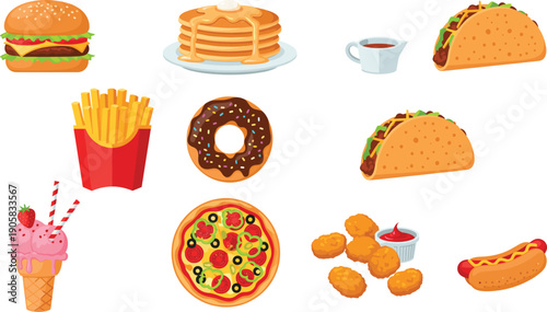 Fast food and dessert set with burger pizza fries donuts tacos and snacks flat vector illustration