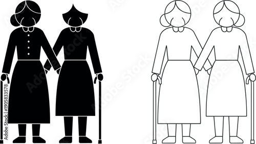 Minimal line illustration of two elderly women using walking canes representing aging support companionship and mobility