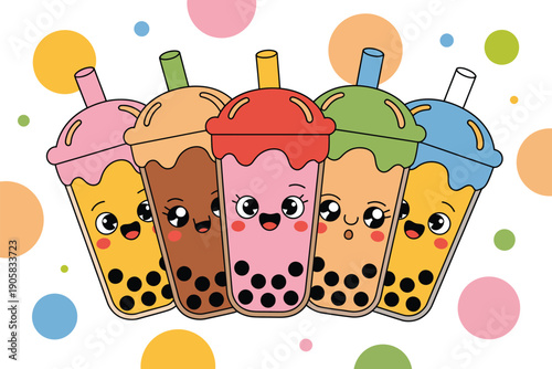 Five cute and colorful kawaii boba teas with happy faces smiling