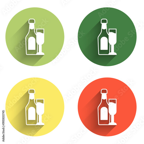 Set Champagne bottle with glass icon isolated with long shadow background. Color circle button. Vector