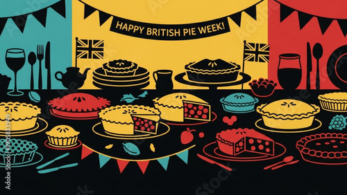 High-quality black outline colorful silhouette art of a festive table decorated with pies and treats for British Pie Week