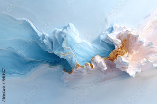 Abstract Cloudscape: A captivating composition features flowing, cloud-like forms in hues of blue, white, and gold, creating a sense of ethereal beauty and dynamic movement.