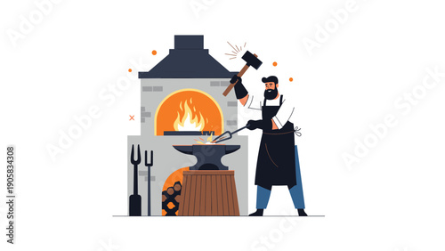 Skilled blacksmith working with a hammer and anvil in front of a hot glowing furnace inside a traditional forge workshop.