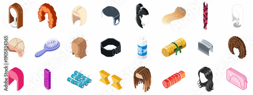 Isometric Icons Set of Wigs, Hair Extensions, Hairpieces, and Wig Making Tools for Beauty, Styling, and Cosmetology Applications