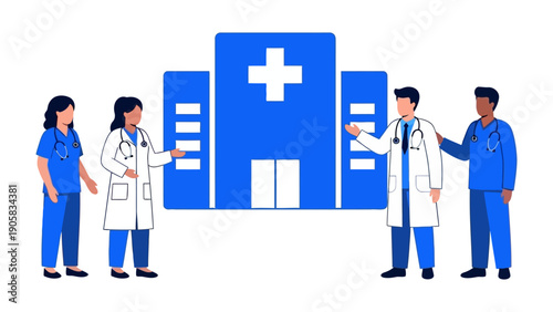 Healthcare Professionals in Front of Hospital: A team of dedicated healthcare professionals stands proudly, representing and pointing toward the building that symbolizes care, treatment, and healing.