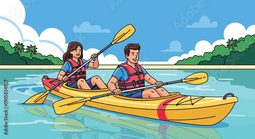 Smiling couple paddling a yellow kayak on calm tropical water