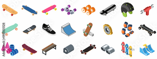 Isometric Skateboard Icon Set featuring boards, longboards, safety gear, ramps, tools, and accessories for skatepark activities and urban extreme sports.